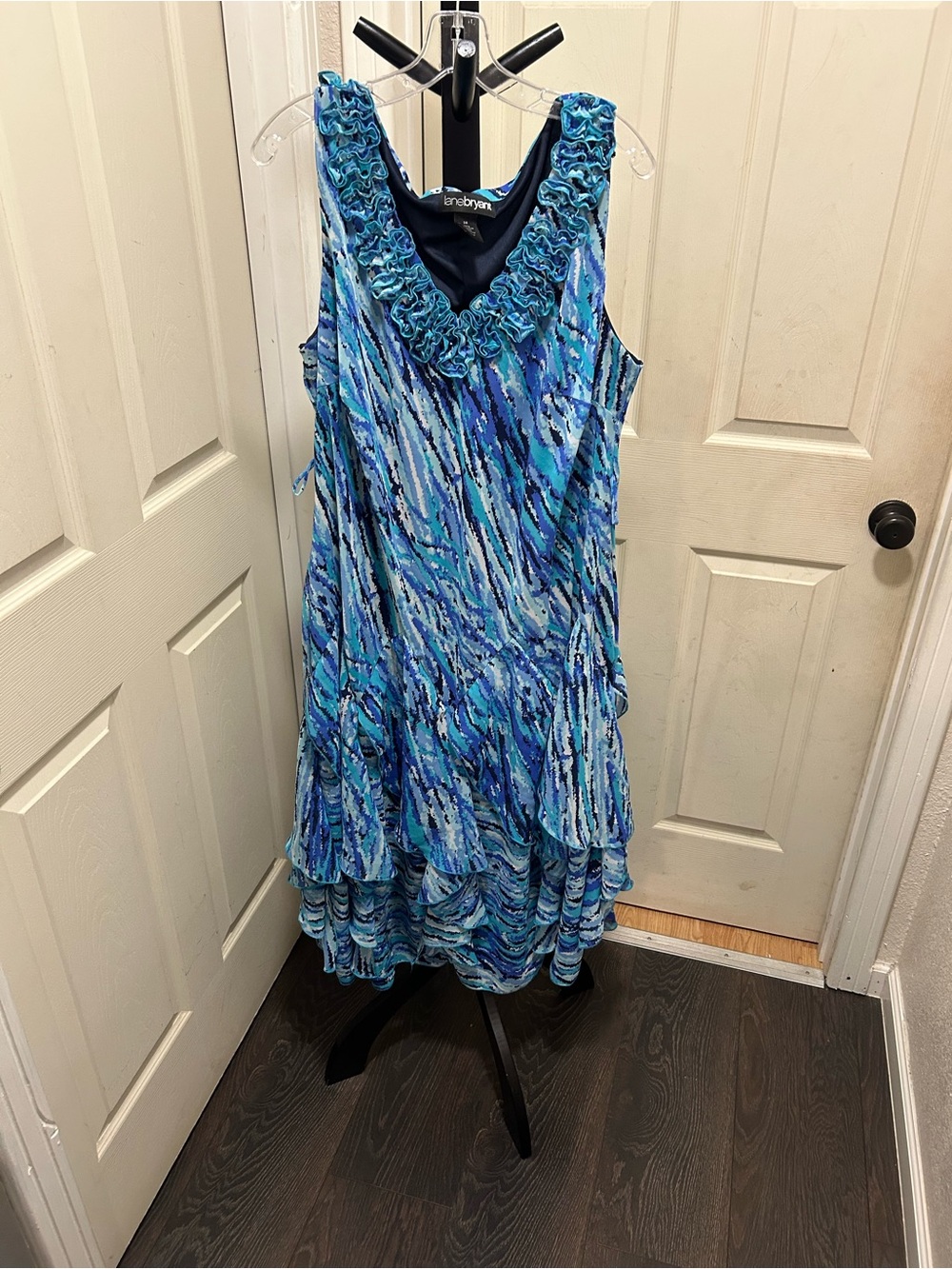 VTG Lane Bryant Blue Abstract Watercolor Ruffled Tiered Sleeveless Dress